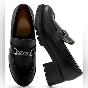 Black Leather Loafers with Chain Detail